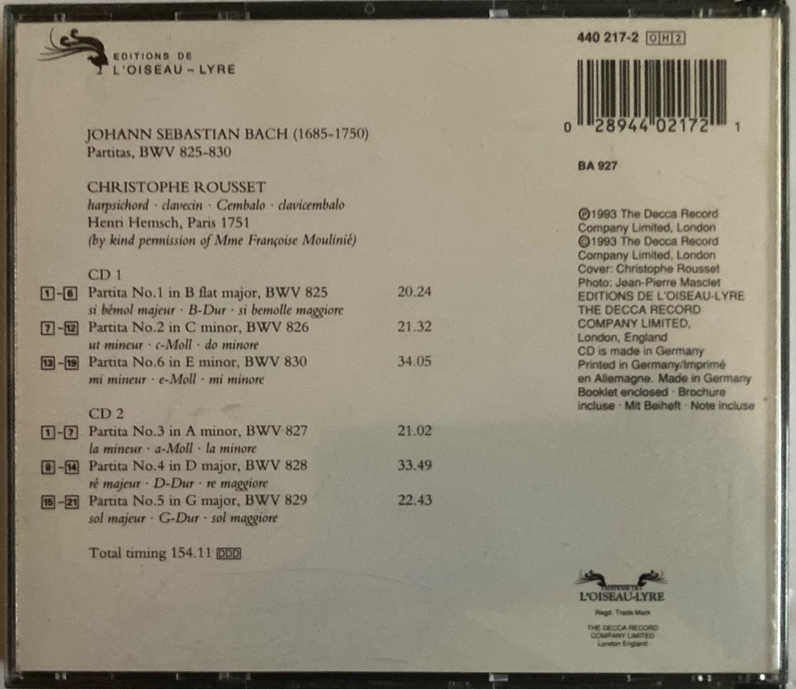 CD: J.S. BACH / CHRISTOPHE ROUSSET - PARTITAS, BWV 825-830 – Usato da Poliez-Pittet venduto da Newtown-Records 1