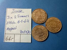 SUISSE : 3 X 2 FRANCS 1944-1961-1964- argent