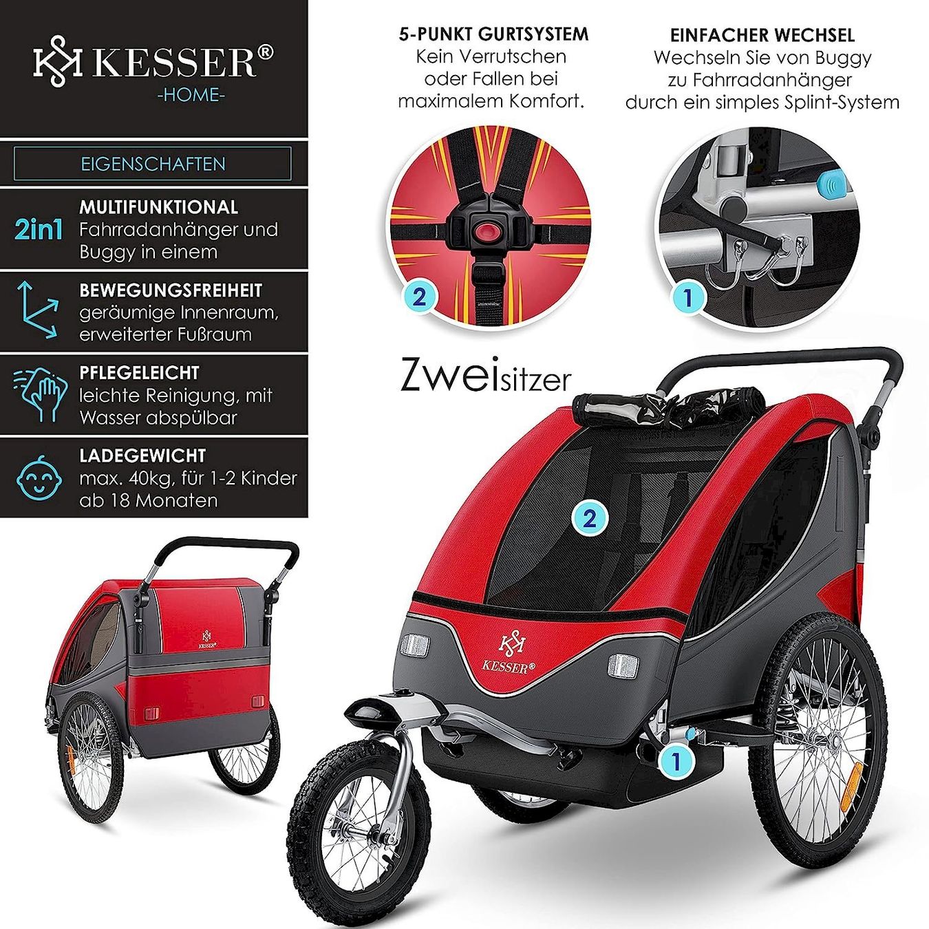 Rimorchi per biciclette: Kesser Kinderanhänger 2in1 rot – Nuovo e nell'imballaggio originale da Bottighofen venduto da zaap 1