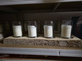 Kerzenhalter aus Holz mit 6 Gläsern und Kerzen neu