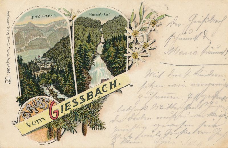 Cartoline postali: Giessbach - Gruss vom ... Litho + 1904 – Usato da Emmenbrücke venduto da teestube