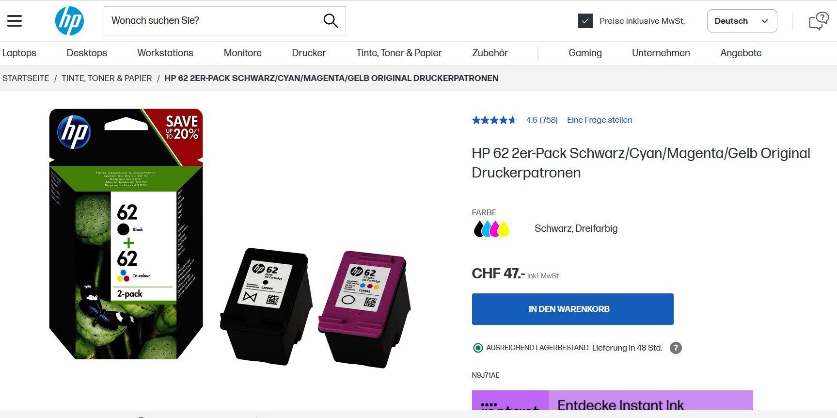 HP 62 zwarte inktcartridge C2P04AE