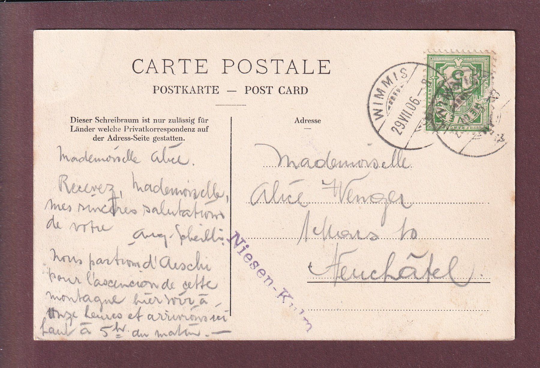 Cartoline postali: NIESEN-KULM - 1906 CPN – Usato da Pully venduto da nicecards 1