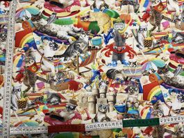 Patchworkstoff lustige Katzen bunt Strandleben