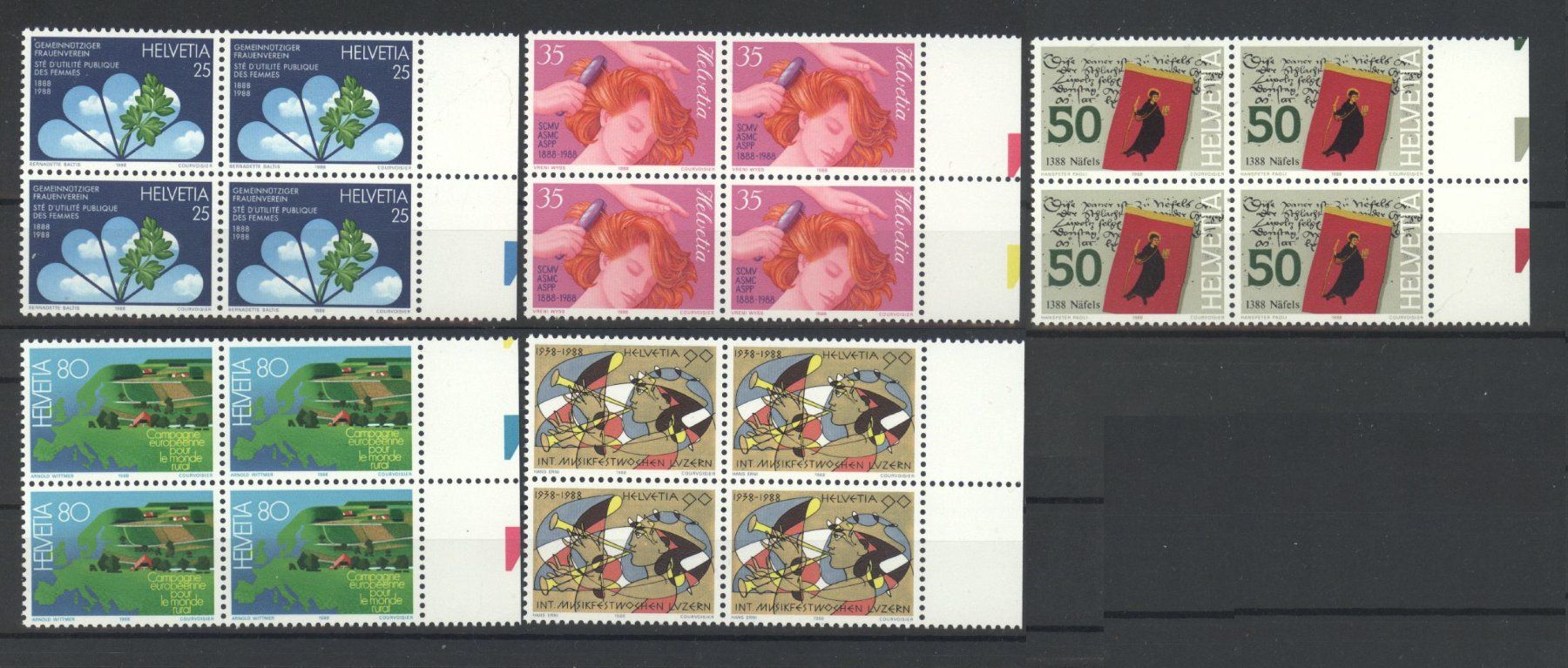 Alle Briefmarken: 1988, Sonderpostmarken I, Viererblöcke ** – Gebraucht aus Willisau von Vollstempel