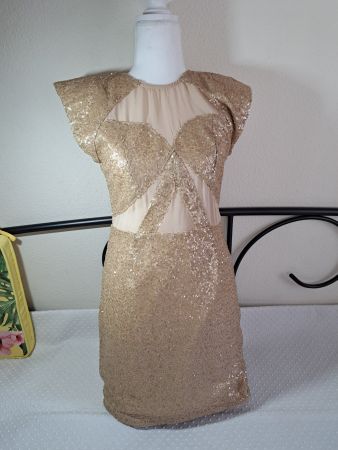 Kleid Damen Pailletten Beige Kurzarm Grösse M/S