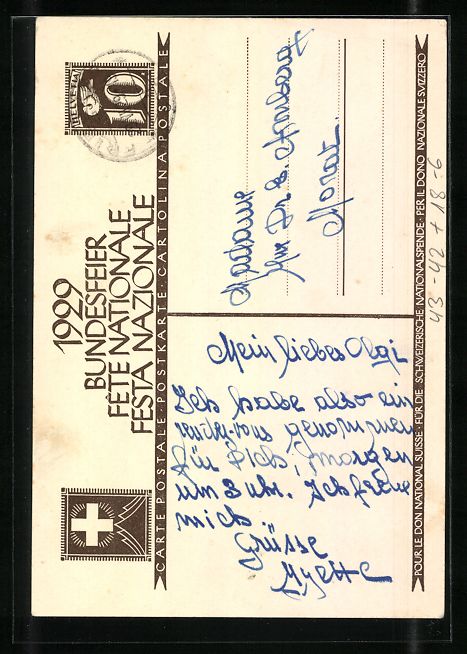Cartoline postali: J. Courvoisier: Schweizer Bundesfeier 19 – Usato da Berlin venduto da bartko-reher 1