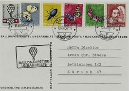 PJ SATZ 1956 auf AK BALLONPOST UNGARNHILFE VIGNETTE
