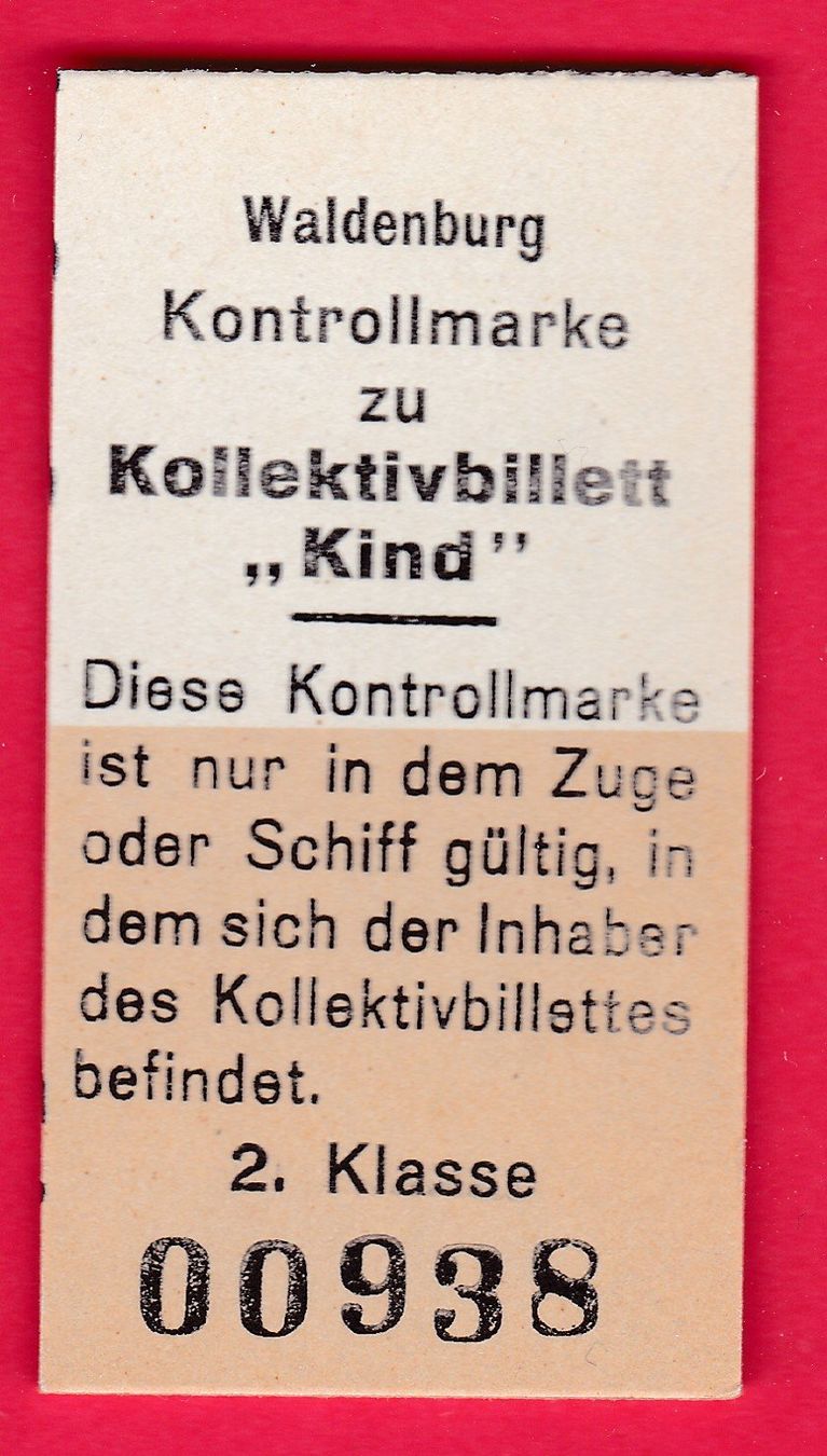 Biglietti: KARTON BILLETT, WALDENBURG, KONTROLLMARKE(KIND), 2.KLASSE – Usato da Oberrieden venduto da Gebirgsstelze