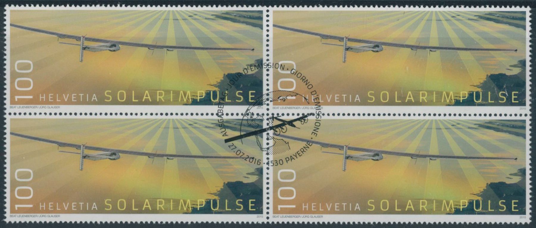 Alle Briefmarken: 2016 - Solar Impulse - Viererblock - Ersttag Stempel ET – Gebraucht aus Schindellegi von leecollect