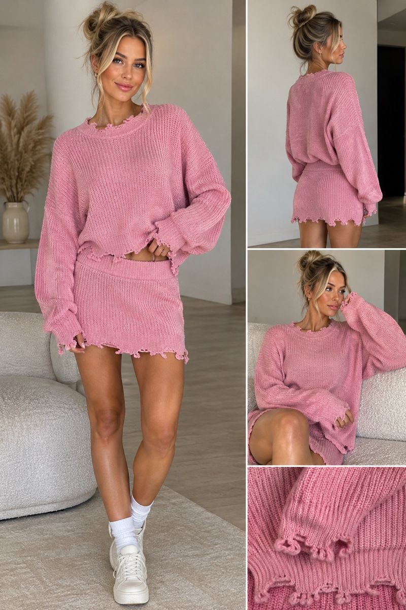 Lotti di vestiti: Strick Set rosa Pullover und Minirock mit Fransenoptik S/M – Usato da St. Gallen venduto da jojan