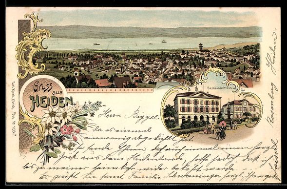 Cartoline postali: Lithographie Heiden, Panorama mit Gemeindehaus – Usato da Berlin venduto da bartko-reher