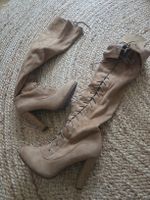 Overknees Stiefel Boots Stiefel zum Schnüren beige Stoff