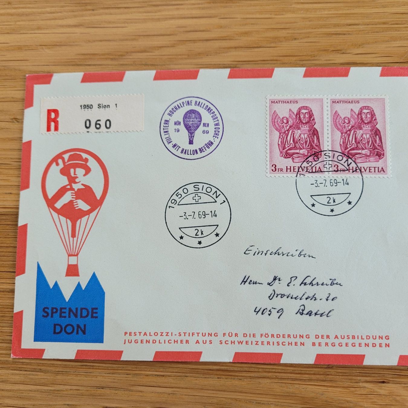 Alle Briefmarken: Ballon Flug Sion 1969 Basel – Gebraucht aus Biel/Bienne von Destockweb