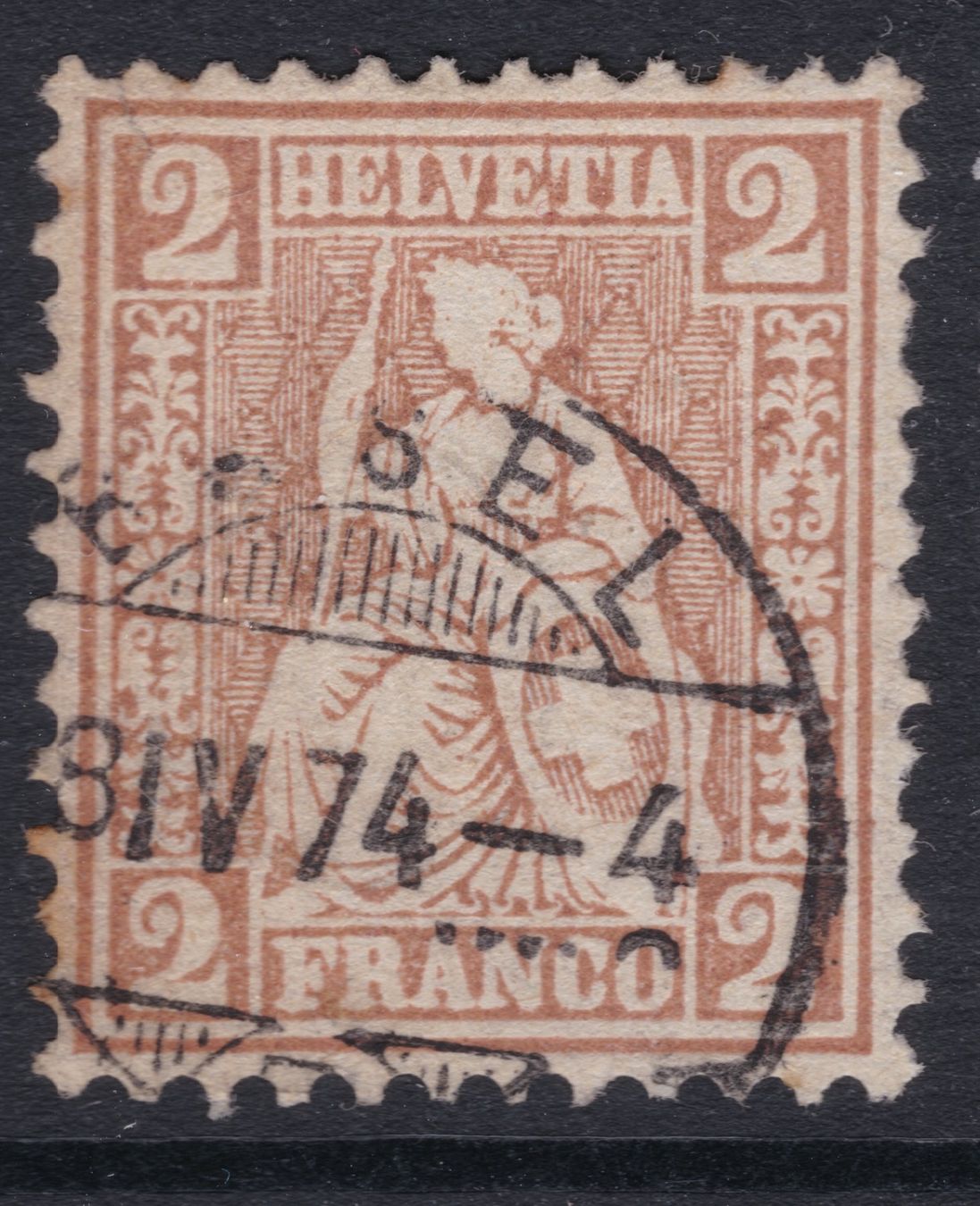 Tutti i francobolli: Sitzende Helvetia 2c hellrotbraun, 1874 Basel, Mängel – Usato da Basel venduto da riobar