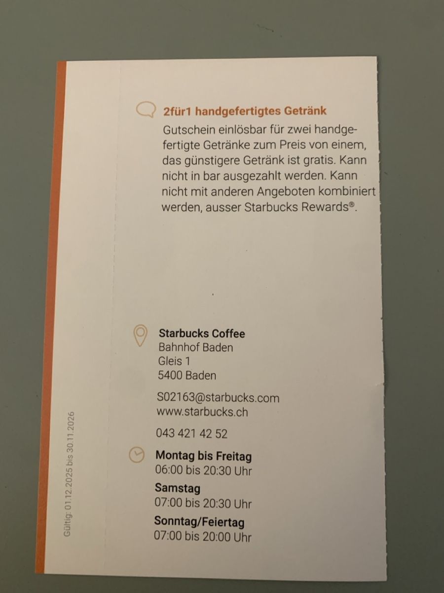 Buoni: 2für1 Starbucks Baden, Getränk – Nuovo e nell'imballaggio originale da Attelwil venduto da TaraLee 1