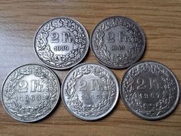 Silberlot 2 Franken 1939/67 - 5 Stück!