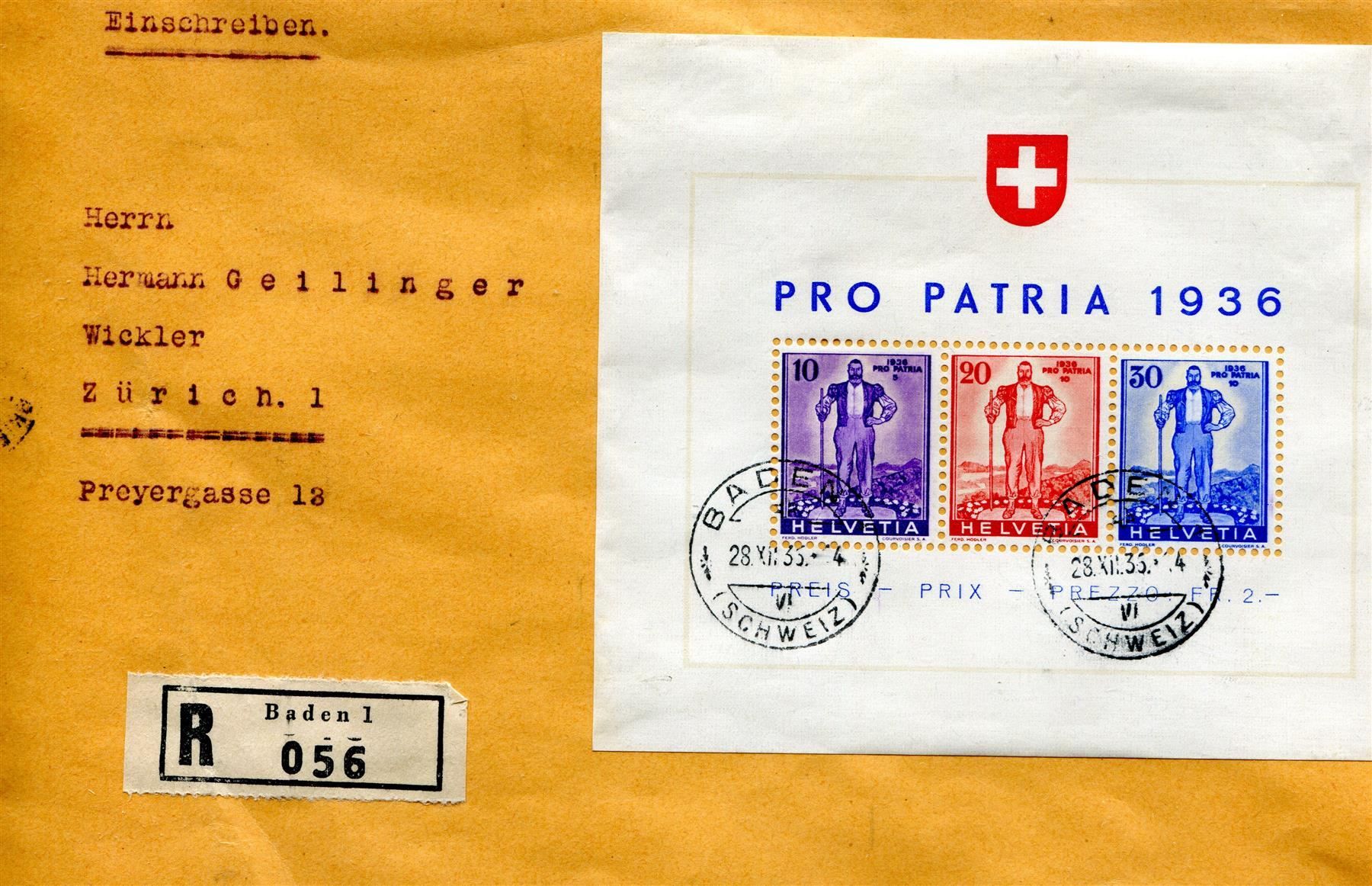 Tutti i francobolli: 1936 W 8 Block auf Brief v. Baden – Usato da Winterthur venduto da Kyoung