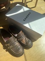 Sandro Loafers Women Brown Size 38 Leather Buckle Double Mon
