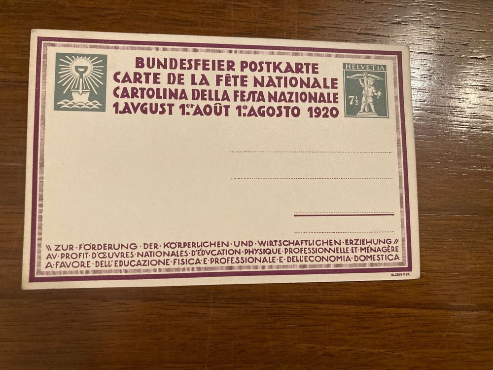 POSTKARTE GANZSACHE BUNDESFEIER POSTKARTE 1.AUGUST 1920 | Kaufen Auf ...