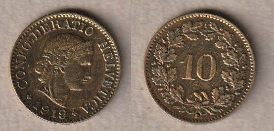 Tutti le monete: 10 Rappen 1919 Messing – Usato da Allschwil venduto da Coinfreak
