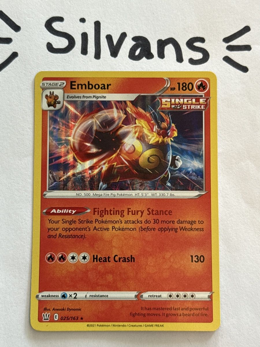 Pokémon Carte collezionabili: Emboar Holo 025/163 Battle Styles Englisch – Nuovo (secondo la descrizione) da Wil SG venduto da Silvans
