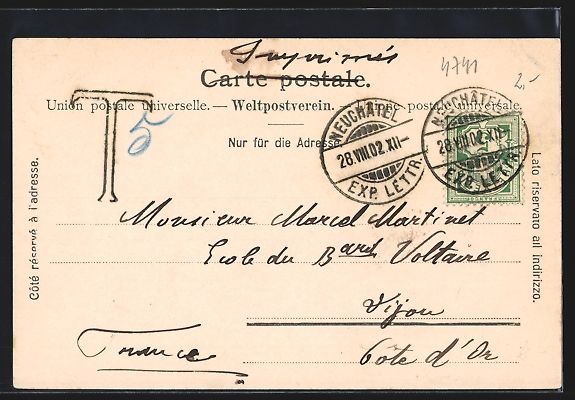 Ansichtskarten: AK Neuchatel, La Poste, 1902 – Gebraucht aus Berlin von bartko-reher 1