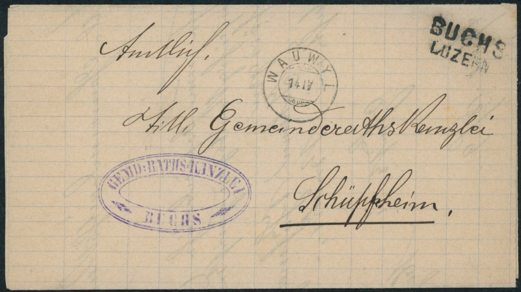Tutti i francobolli: LU Wauwil - Zwergstempel - Buchs - Stabstempel - Brief – Usato da Schindellegi venduto da leecollect