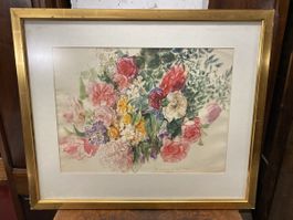 Aquarelle Encadrée Signée Lilli Guhliat, 1976 - Fleurs 