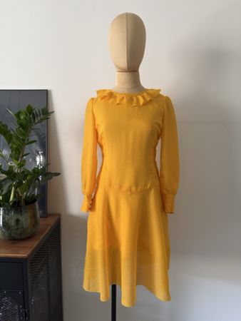 Vintage Kleid Gelb Punkte Rüschen Midi, Gr. M