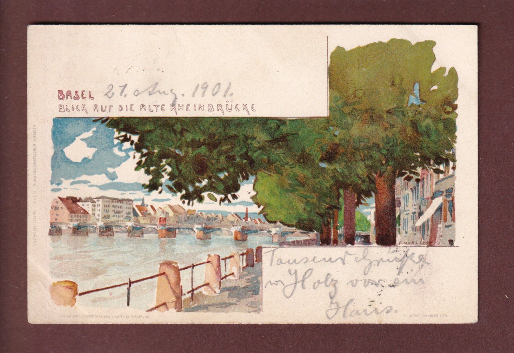 Cartoline postali: BASEL - Blick auf die alte Rheinbrücke - 1901 – Usato da Pully venduto da nicecards