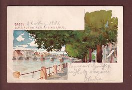 BASEL - Blick auf die alte Rheinbrücke - 1901