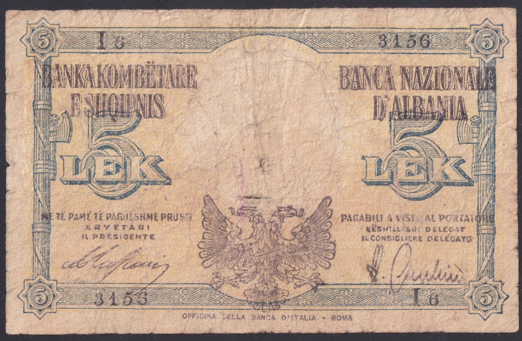 Banconote: Albanien 5 Lek 1940 – Usato da Brugg AG venduto da banknoten_muesli