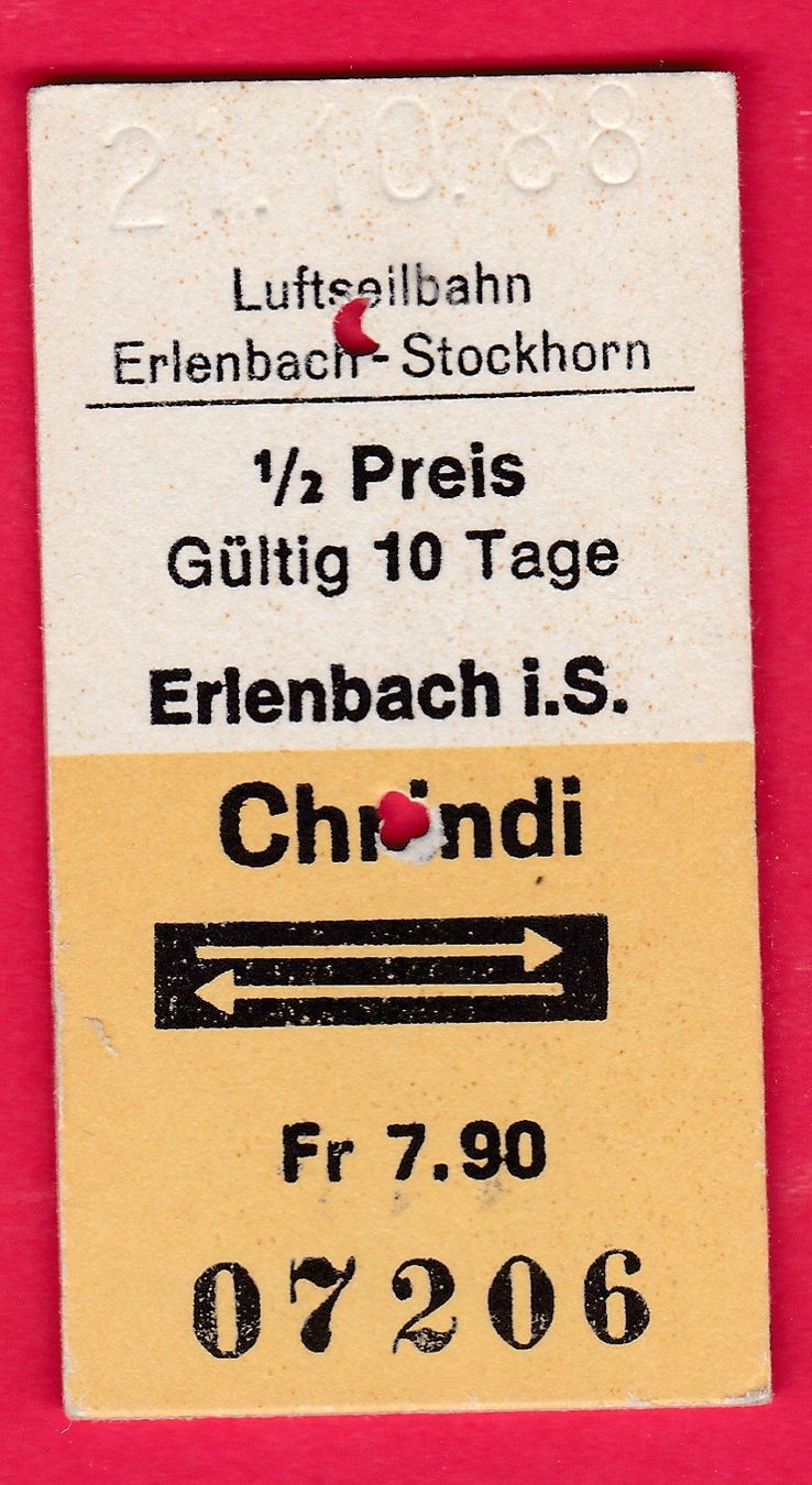 Biglietti: KARTON LUFTSEILBAHN BILLETT, ERLENBACH I.S. - CHRINDI, RETOU – Usato da Oberrieden venduto da Gebirgsstelze