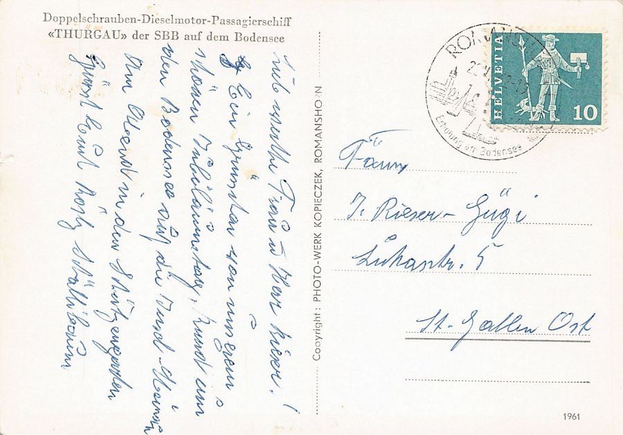 Cartoline postali: Bodensee, MS THURGAU, gelaufen 1962 – Usato da Frauenfeld venduto da POML 1