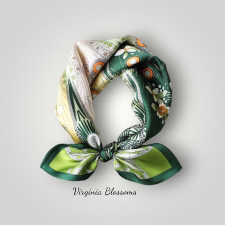 New 53cm Silk Scarf Floral and Heart Green Virginia Blossoms