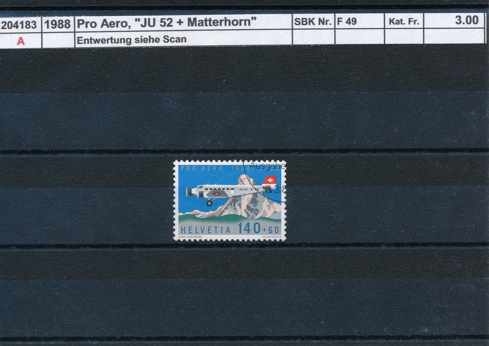 Prophila Collection Schweiz Briefmarke – JU-52 Flugzeug, 1988, Gestempelt, Katalog Nr. 1369