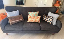 Blue high back sofa, three seat, wooden legs