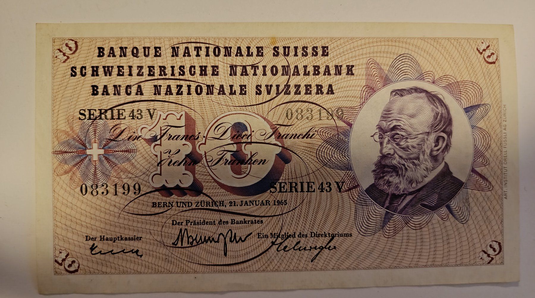 10 Fr. Note Gottfried Keller ungefaltet 21. Jan. 1965 (Gebraucht) in ...