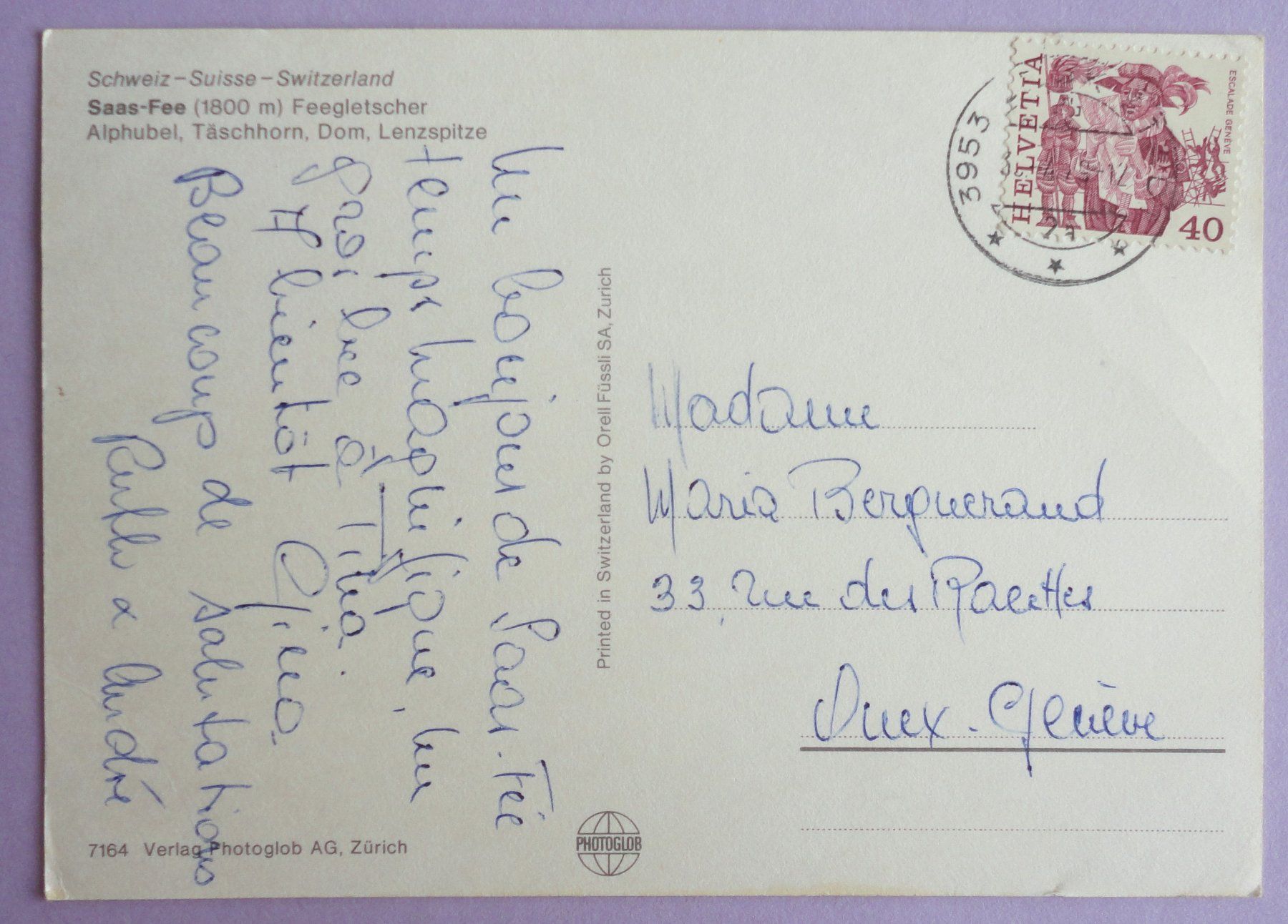 Ansichtskarten: Saas-Fee (1800 m), Feegletscher – Gebraucht aus Fétigny von Billy2miny 1