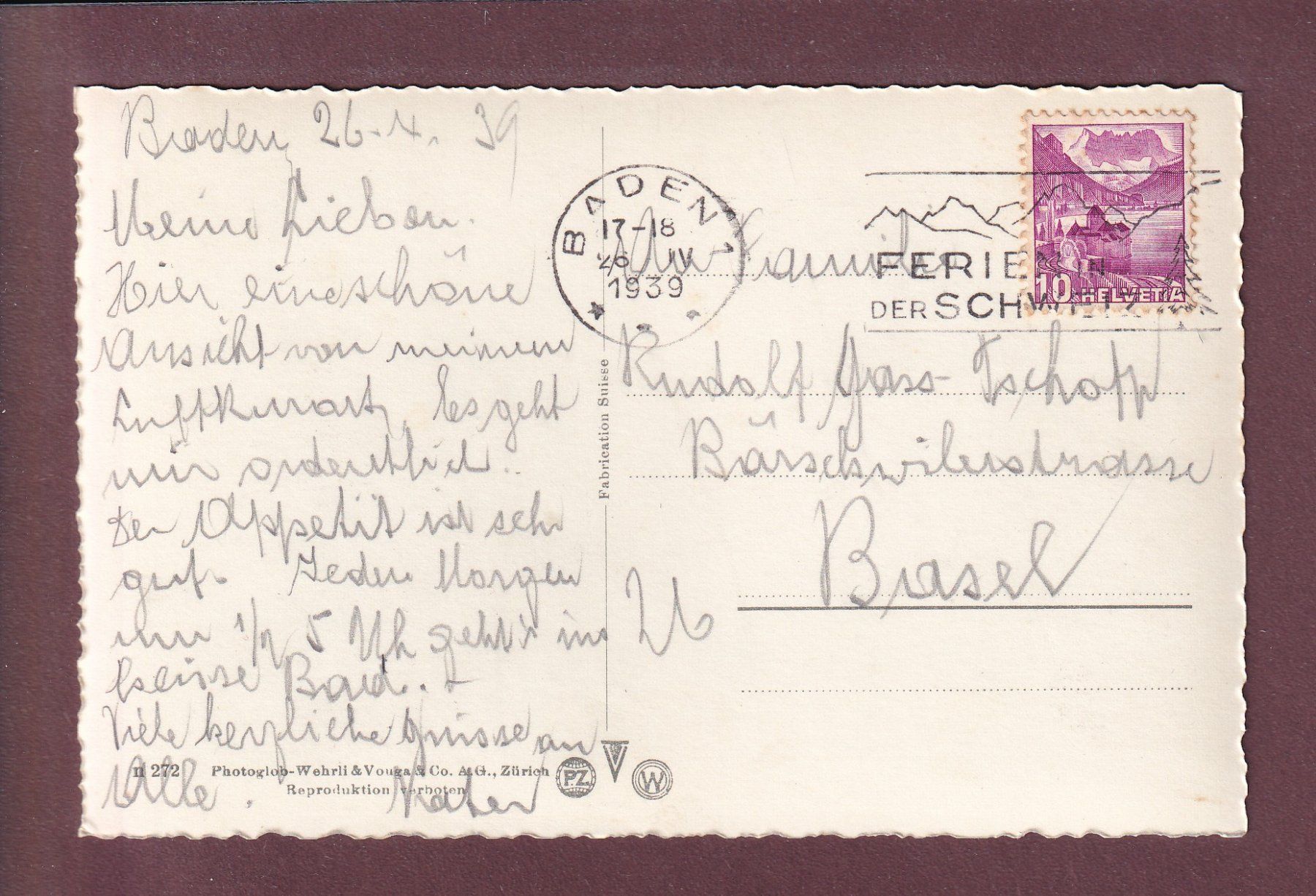 Cartoline postali: BADEN - 1939 – Usato da Pully venduto da nicecards 1