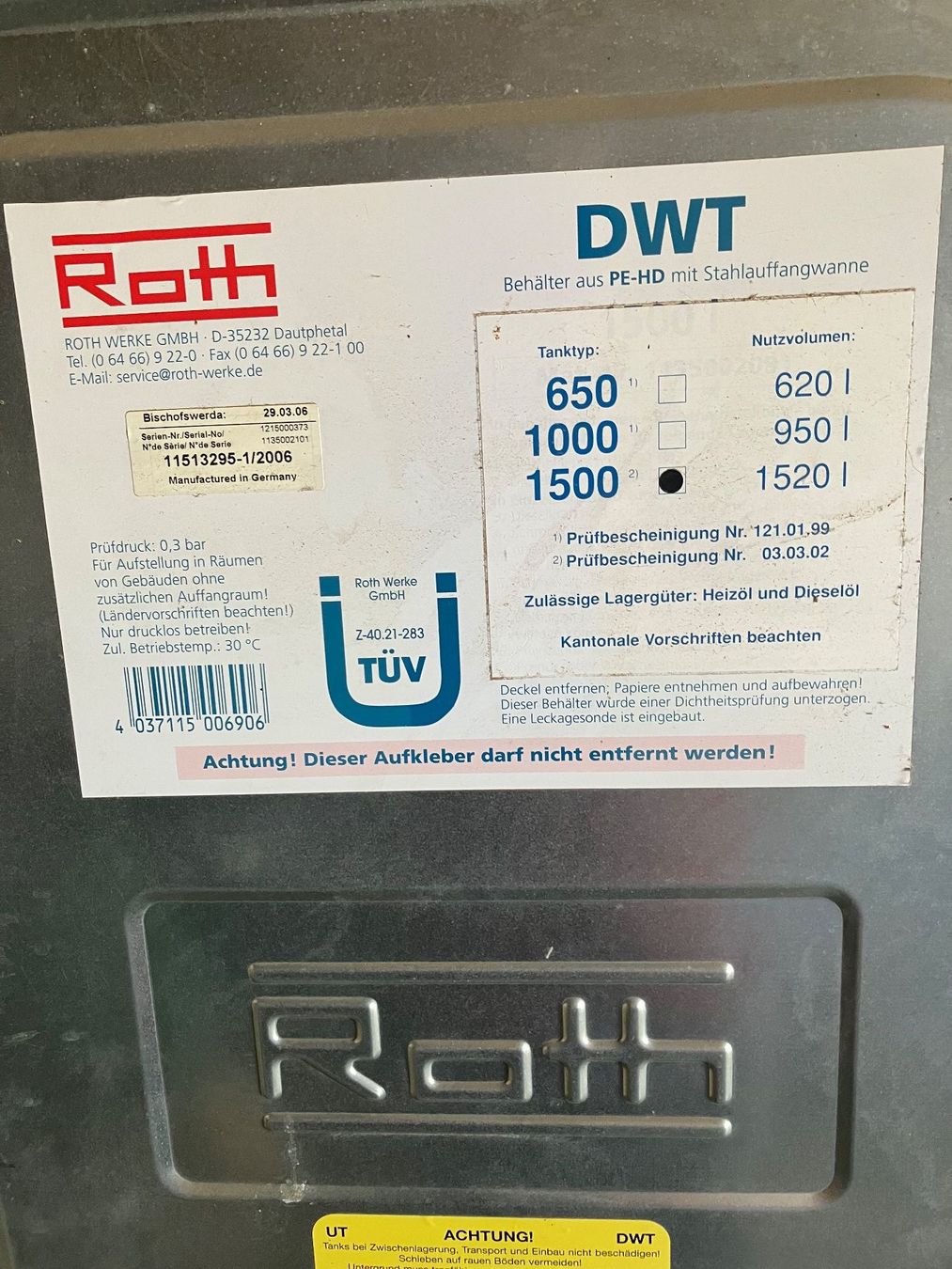 Chauffage: Öltank Roth DWT1500liter – D'occasion à Unterkulm par Damae01