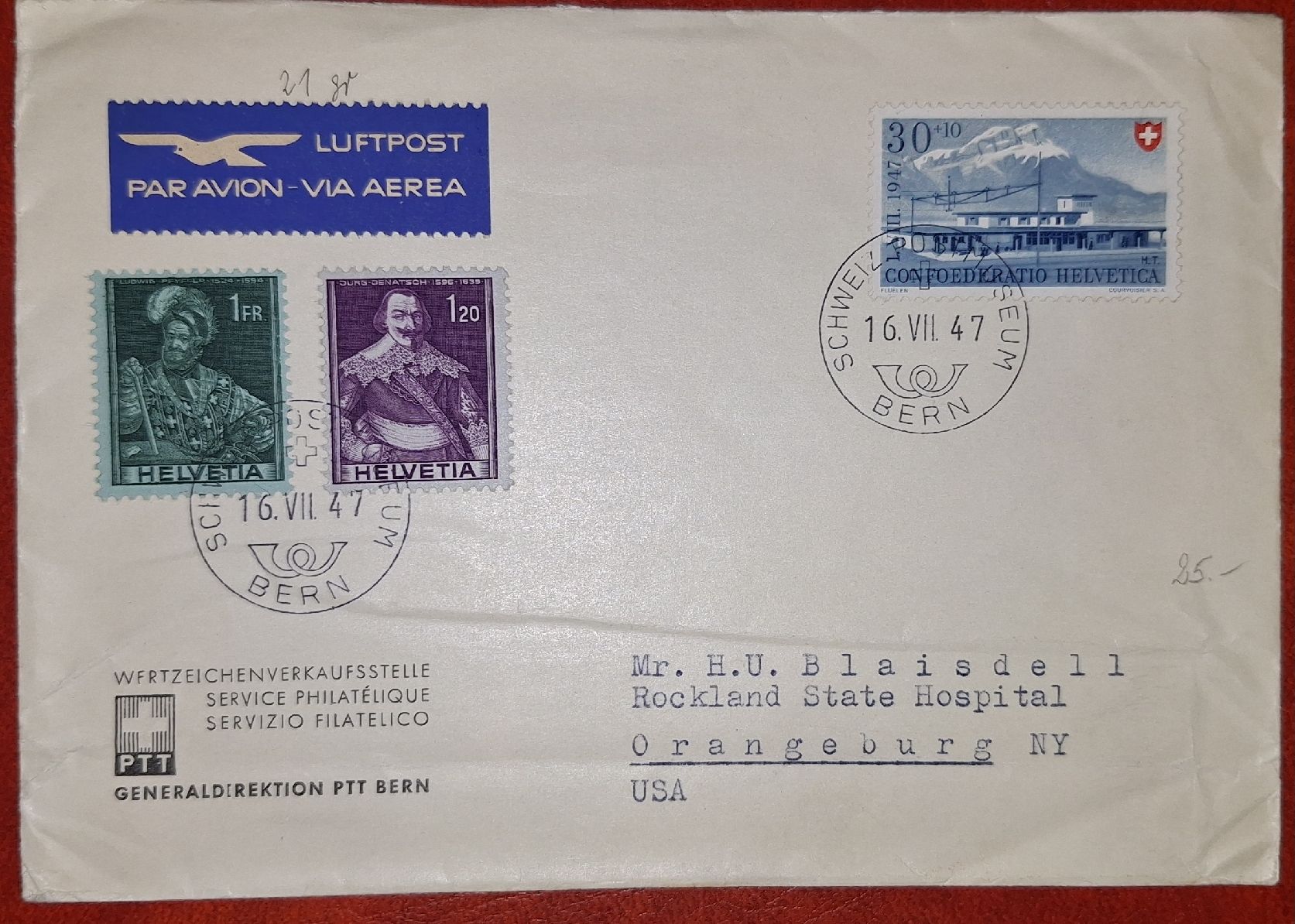 Tutti i francobolli: 1947 Pro Patria Flugpost 1947 – Usato da Balgach venduto da SIMEON27