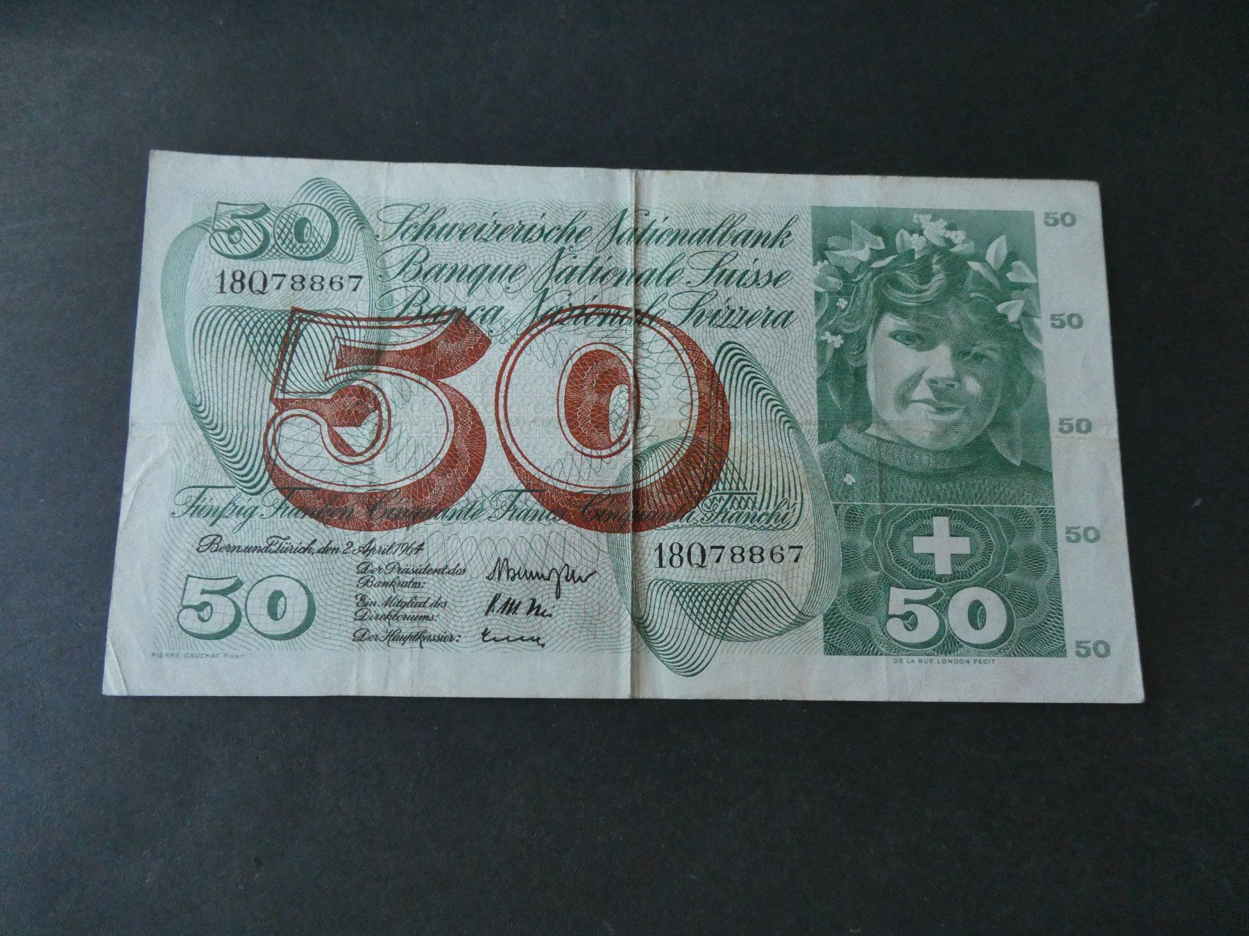 Banknoten: Schweiz 1964,  50 Franken – Gebraucht aus Hinterforst von Rohusri