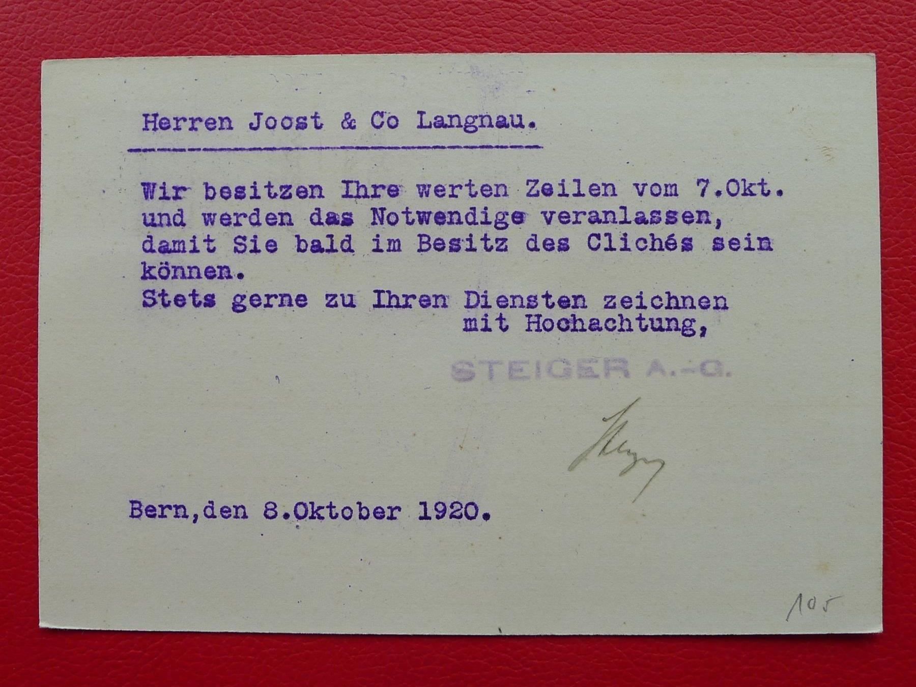 Tutti i francobolli: 1920, illustrierte Karte "Steigers BERNE" Mit Nr.138. – Usato da Sursee venduto da Luzernerraute 2