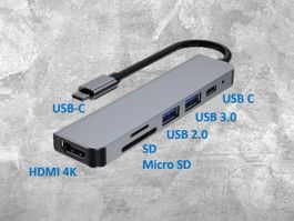 Adapter 6 in 1 USB-C auf Micro SD, HDMI, USB A, USB C