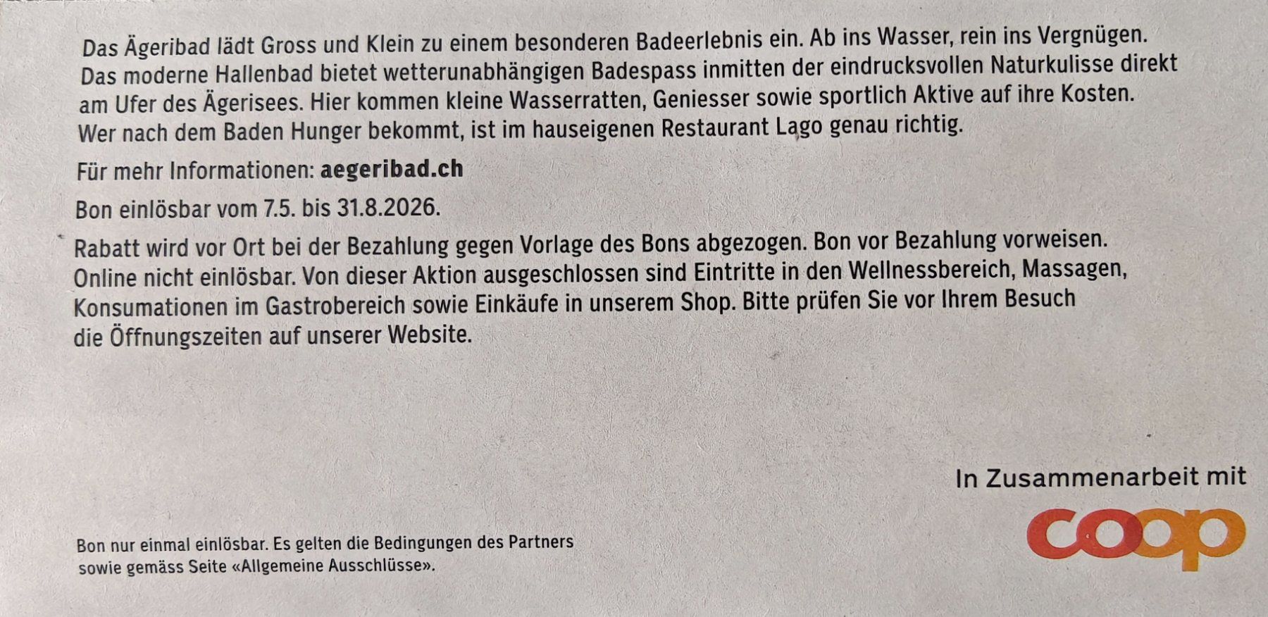 Buoni: Gutschein 30% Ägeribad Oberägeri Hallenbad – Usato da Schmiedrued venduto da elvis_88 1