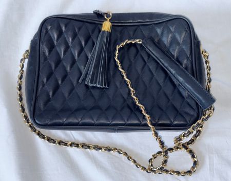 Vintage Schultertasche "Camera Bag"-Stil, blau-schwarz