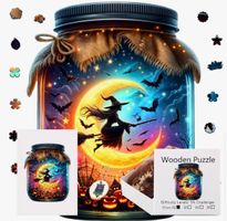 Wooden-Puzzle-Holzpuzzle-Hexe auf Besen in Glas - 14x14cm