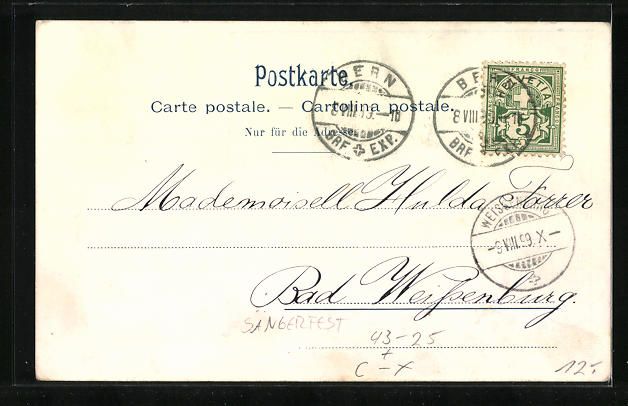 Ansichtskarten: AK Bern, Festhalle, Sängerfest 1899 – Gebraucht aus Berlin von bartko-reher 1